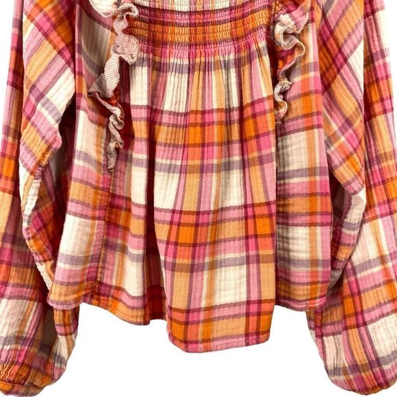 Free People Siena Plaid Pullover Blouse top‎ Size L boho - Picture 7 of 9